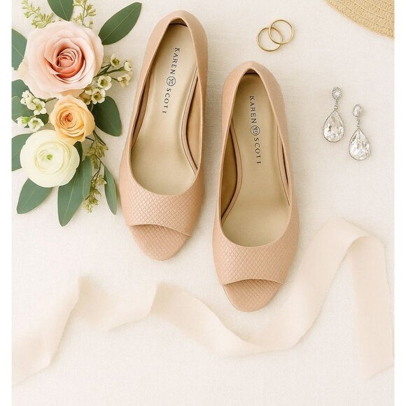 Karen Scott Peep Toe Pumps 10M  NudeTextured Slip-On Heels Women’s Classic Dress - Picture 1 of 8